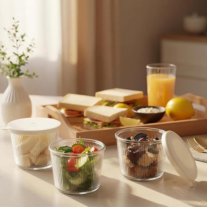 4 Sets Small Glass Bowls with Lids 6.8oz Ribbed Clear Glass Containers Stackable Dessert Custard Pudding Cups Condiment Bowls for Sauces Dips Nuts Oats Candy Dessert Cereal