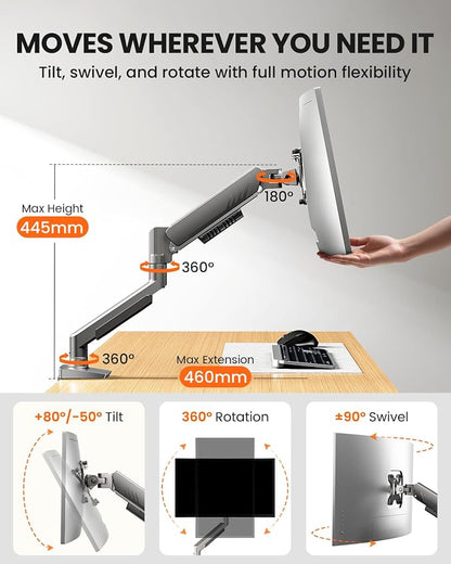 ErGear Single Monitor Arm, Fully Adjustable Monitor Mount for 13–32 Inch Screens, Fast Install Computer Monitor Stand with Tool-Free VESA Mount, Cable Management, Holds 19.8 lbs, Max VESA 100x100mm
