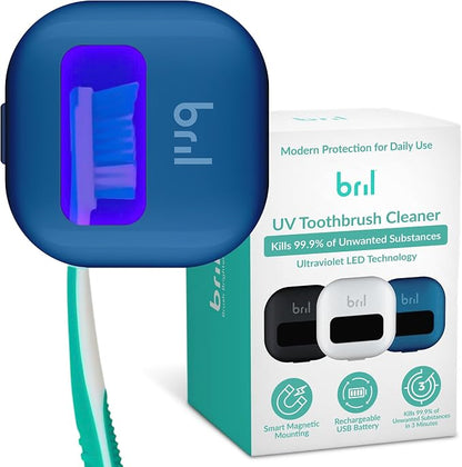 Bril UV-C Toothbrush Sanitizer and Holder – Wall Mounted, Rechargeable, 30-Day Battery, Magnetic Mount, Fits Electric and Manual Brushes, Portable Travel Case, Auto-Shutoff – Navy