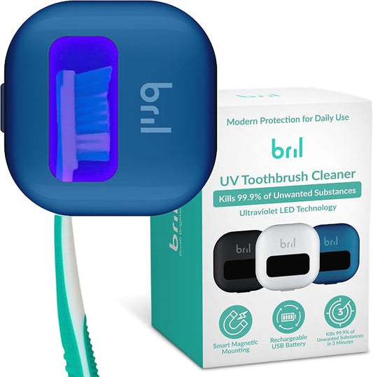 Bril UV-C Toothbrush Sanitizer and Holder – Wall Mounted, Rechargeable, 30-Day Battery, Magnetic Mount, Fits Electric and Manual Brushes, Portable Travel Case, Auto-Shutoff – Navy