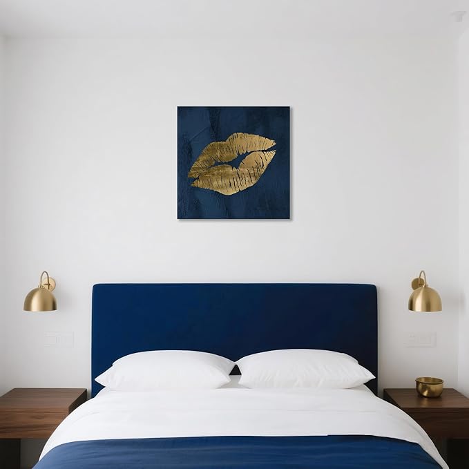 Navy Blue and Gold Wall Decor Fashion Lip Canvas Wall Art Glam Lip Poster Sexy Painting Designer Picture for Bedroom Bathroom Makeup Room Decoration 24x24Inch