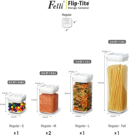 Felli Flip Tite Storage Container with Lid 4" Airtight Ring Seal Top, Stackable Acrylic Canister Jar Set for Kitchen Pantry Organizer, Food Spice Pasta Snack, Christmas Gifts for Her (5pk, Variety)