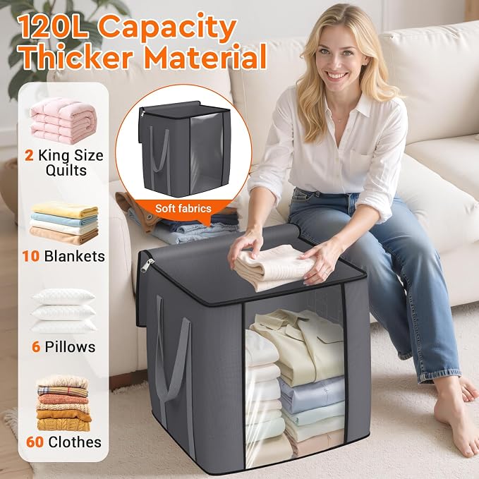 TasticTotes 120L Extra Large Clothes Storage Bags, Foldable Blanket Storage and Organization, Thick Fabric Containers with Reinforced Handles & Zippers for Clothing, Comforters, Bedding, Gray, 4 Pack