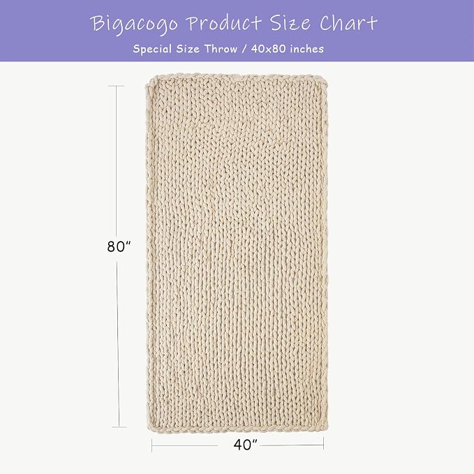 Bigacogo Chunky Knit Throw Blanket for Couch, 40x80 inches, 100% Hand Knitted with Thick Jumbo Chenille Yarn, Cozy Soft Large Rope Knot Cable Crochet Blankets for Sofa Bed Living Room, Beige