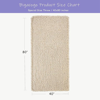 Bigacogo Chunky Knit Throw Blanket for Couch, 40x80 inches, 100% Hand Knitted with Thick Jumbo Chenille Yarn, Cozy Soft Large Rope Knot Cable Crochet Blankets for Sofa Bed Living Room, Beige