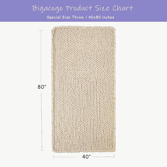 Bigacogo Chunky Knit Throw Blanket for Couch, 40x80 inches, 100% Hand Knitted with Thick Jumbo Chenille Yarn, Cozy Soft Large Rope Knot Cable Crochet Blankets for Sofa Bed Living Room, Beige