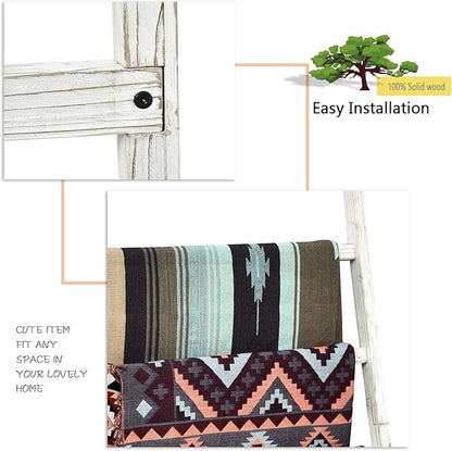 FUIN Extra Wide 6.4ft Wooden Blanket Ladder Living Room Decorative Wal Leaning Farmhouse Quilt Display Holder Rustic Wood Towel Rack for Bathroom, White, 38 inch Wide