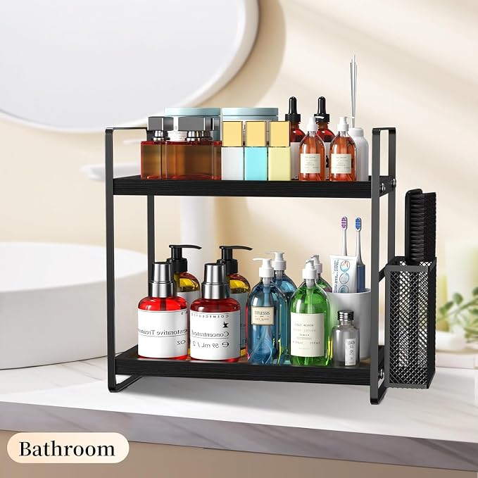 LEMIKKLE Bathroom Organizer Countertop, Counter Organizer for Bathroom Decor, Wooden Sink Shelf for Vanity Storage, Makeup Tray for Perfume Skincare Bedroom Kitchen Corner (Black)