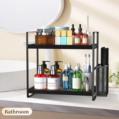 LEMIKKLE Bathroom Organizer Countertop, Counter Organizer for Bathroom Decor, Wooden Sink Shelf for Vanity Storage, Makeup Tray for Perfume Skincare Bedroom Kitchen Corner (Black)