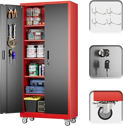Garage Storage Cabinet with Wheels and Pegboard, 71" H x 32" W x 16" D Lockable Metal Storage Cabinet with 5 Adjustable Shelves and 2 Doors for Garage Home, Assembly Required, Black and Red