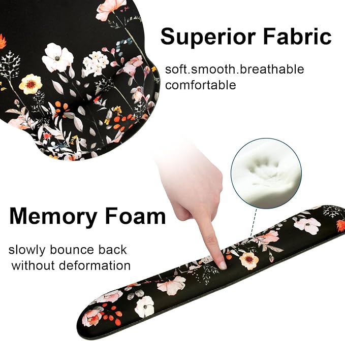 Ergonomic Mouse Pad with Wrist Rest and Keyboard Wrist Rest, Wrist Rest for Computer Keyboard, Easy Typing, Pain Relief, Black Mouse Pad with Wrist Support for Gaming,Office, Laptop, Garden Flowers