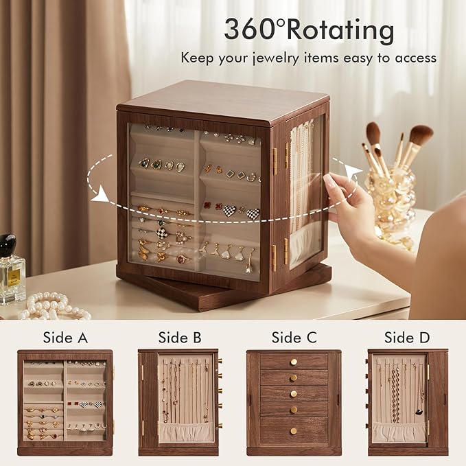 CHOSIN Black Walnut Wooden Jewelry Box, 360° Rotating Organizer with Glass Lid, 5 Drawers for Earrings, Rings, Necklaces – Vertical Jewelry Storage for Women Christmas Gifts