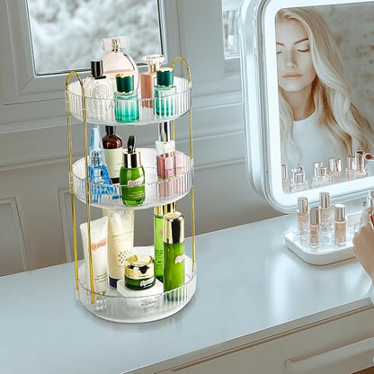 360 Rotating Makeup Organizer, 3 Tier Large Capacity Lazy Susan Bathroom Counter Organizer, Skincare Organizers, Spinning Perfume Organizer & Vanity Organizer Countertop (Golden Clear, 3 Tier)