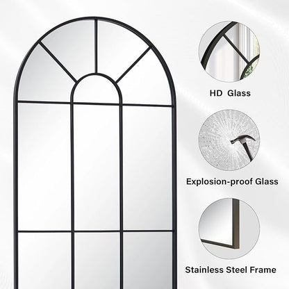 24"×65" Windowpane Arched Full Length Mirror, Grid-Designed Decorative Farmehouse Full Body Floor Mirror with Metal Frame Hanging Leaning for Entryway, Living Room, Home Decor, Black