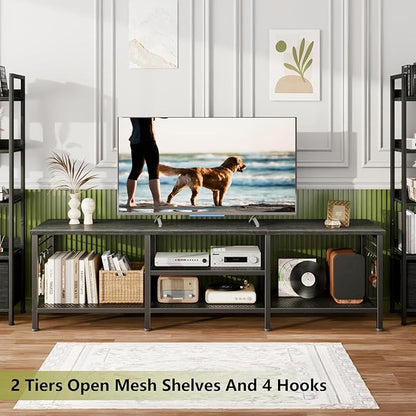 Furologee TV Stand for TVs up to 70 Inch, 63 Inch Entertainment Center with Open Storage Shelves, Television Stands with Soundbar Shelf for Living Room, Bedroom, Black Oak
