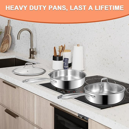 EWFEN 12 Inch Tri-Ply Stainless Steel Frying Pan, Compatible with All Cooktops Up to 600℉, Large Frying Pan with lids, Induction-Ready Skillet, Dishwasher and Oven Safe, Even Heat, 12" Saute Pan+Lid