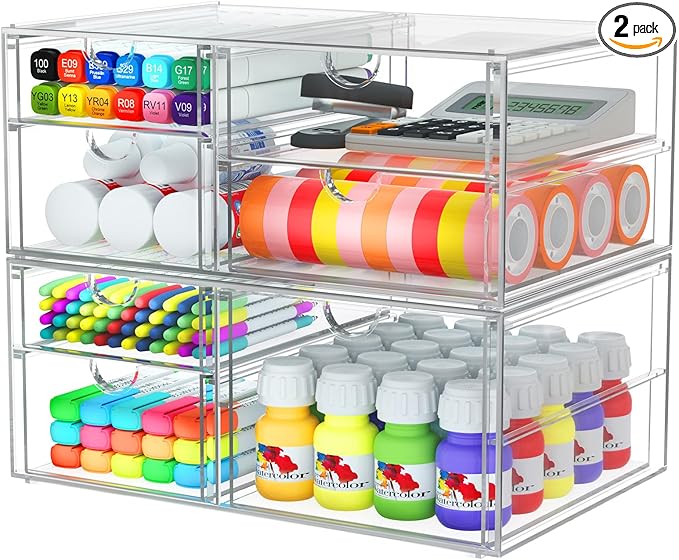caktraie 2 Pack Desk Organizers, Makeup Organizer Storage with 7 Drawers, Desktop Office Supplies, Clear Desk Accessories, Dustproof Drawer Organizer and Storage for Make Up, Jewelry, Pen