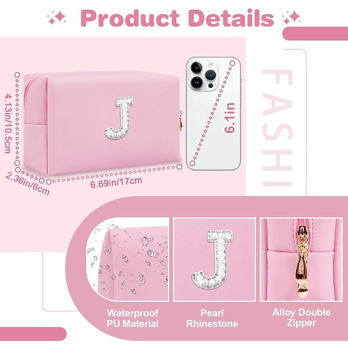 ChaoGreat Bride Gifts – Personalized Initial Makeup Bag with Pearl Rhinestone Patch, Preppy Pink Monogram Cosmetic/Toiletry Pouch, bridesmaid Gifts, Bridal Shower Gifts, Wedding Gifts, Bridal Gifts,J