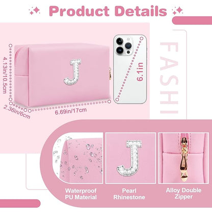 ChaoGreat Bride Gifts – Personalized Initial Makeup Bag with Pearl Rhinestone Patch, Preppy Pink Monogram Cosmetic/Toiletry Pouch, bridesmaid Gifts, Bridal Shower Gifts, Wedding Gifts, Bridal Gifts,J