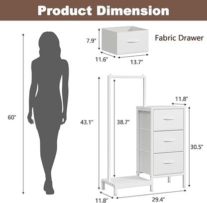 Dresser for Bedroom with Hanging Rack, 3 Drawers Dresser for Bedroom - White