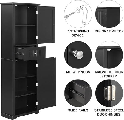 Bathroom Storage Cabinet, Tall Cabinet with Adjustable Shelf | Tall bathroom storage cabinet, 2 enclosed cabinets and middle pull-out compartment keep daily essentials organized