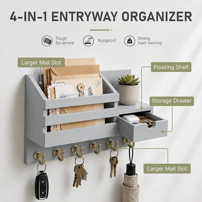 FifthQuarter Key and Mail Holder for Wall, Mail Organizer Wall Mount with 6 Hooks and Storage Drawer, Easy Installation Key Rack for Entryway and Home Decor (A-Grey)