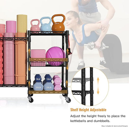 FUTASSI Home Gym Storage, 3 Tiers Workout Equipment Organizer with Wheels for Yoga Mats, Foam Roller, Dumbbells, Kettlebells, and Resistance Bands
