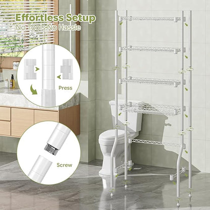 Simple Trending 4 Tier Over The Toilet Storage Rack, Bathroom Organizers and Storage Over Toilet with Adjustable Shelf and Basket, White