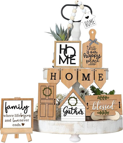 11 Pcs Home Tiered Tray Decor Gather Rustic Farmhouse Tiered Tray Decorations Set Home Wooden Signs Vintage Farm Animal Farmhouse Tabletop Wood Signs for Kitchen Table Shelf Decor