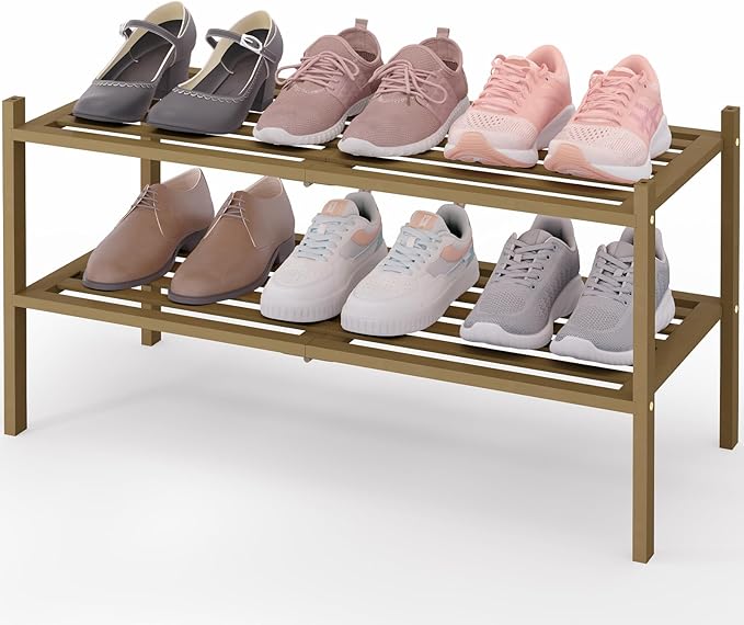 Smiry Bamboo Shoe Rack 2-Tier, Stackable Wooden Shoe Organizer for Entryway & Closet, Free Standing Wood Shoe Storage Shelf for Front Door & Small Spaces, Walnut