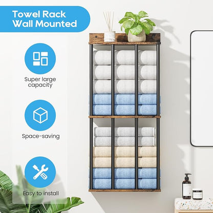 Towel Racks for Bathroom Wall Mounted, Updated 4 Bar Wall Towel Holder | Large Bathroom Towel Storage Rack for Rolled Towels, Vintage Metal Towel Organizer Shelf with Wooden Storage Shelf