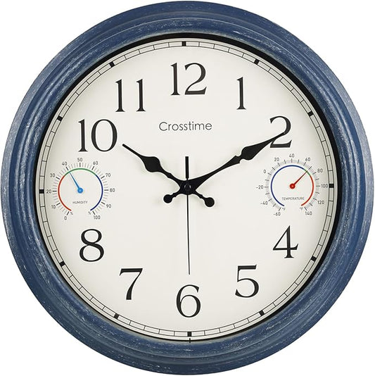 16 Inch Large Outdoor Clock with Thermometer & Hygrometer – Vintage Blue Coastal Decor Waterproof Wall Clock for Patio, Pool, Garden, Backyard