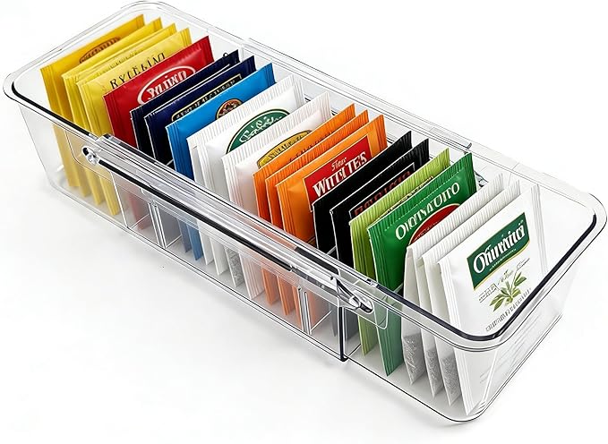 Tea Bag Holder，Expandable Tea Bag Organizer Boxes，Clear Acrylic Tea Bag Storage Bins,Kitchen Utensils for Sugar Packet, Coffee, Condiment for Drawer,Cabinet, Countertop,Pantry,1 Pack