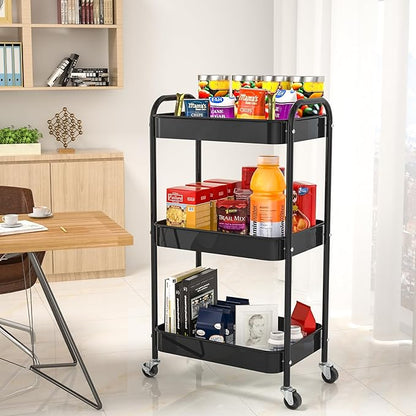 3-Tier Rolling Cart, Metal Utility Storage Carts with Wheels, Black | Multi-Functional Organizer Snack Cart Easy Assembly