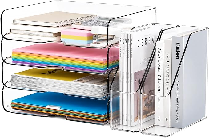 DCA Clear Acrylic Desk Organizer Set, 4 Tier Letter Tray with 2 Magazine File Holders, Clear Paper Organizer for Office, Home, School, Desktop File Storage for Documents, Books & Supplies
