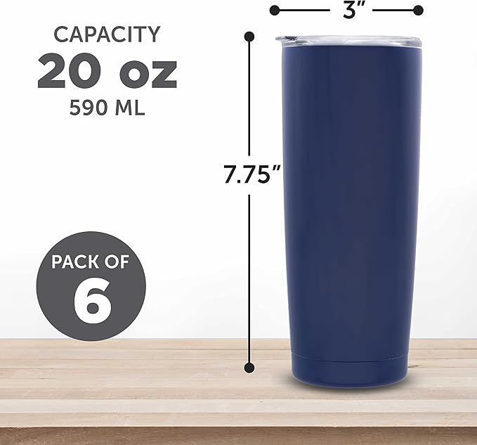 DISCOUNT PROMOS Pipette Stainless Steel Coffee Tumblers 20 oz. Set of 6, Bulk Pack - Double Wall, Perfect for Coffee, Hot Cocoa, Other Hot & Cold Beverages - Blue
