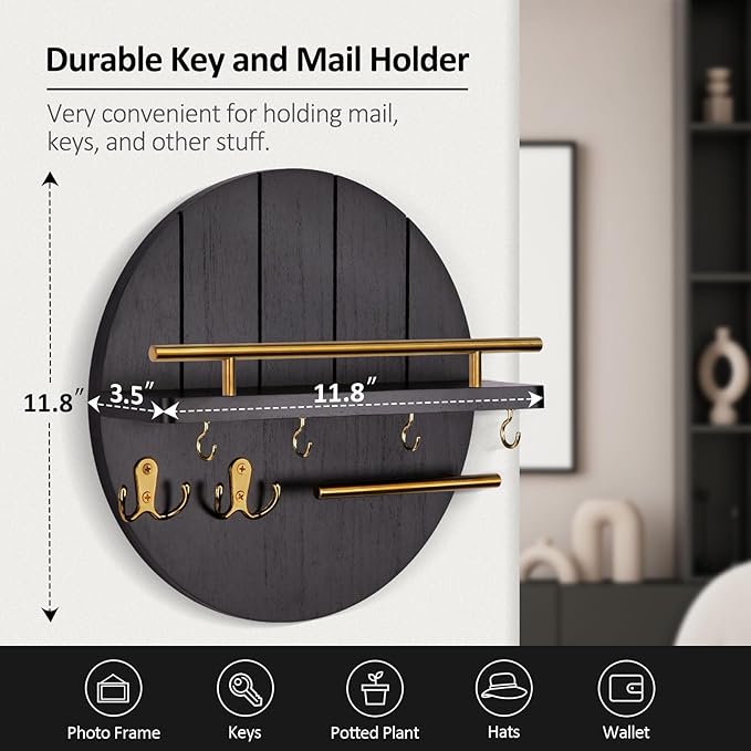 Nekon Wall Mount Key Holder, 11.8 Inch Rack With Shelf and 6 Hooks, Rustic Mail Organizer, Circular Wooden Hanger for Entryway Hallway Kitchen (Black&Gold)