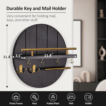 Nekon Wall Mount Key Holder, 11.8 Inch Rack With Shelf and 6 Hooks, Rustic Mail Organizer, Circular Wooden Hanger for Entryway Hallway Kitchen (Black&Gold)