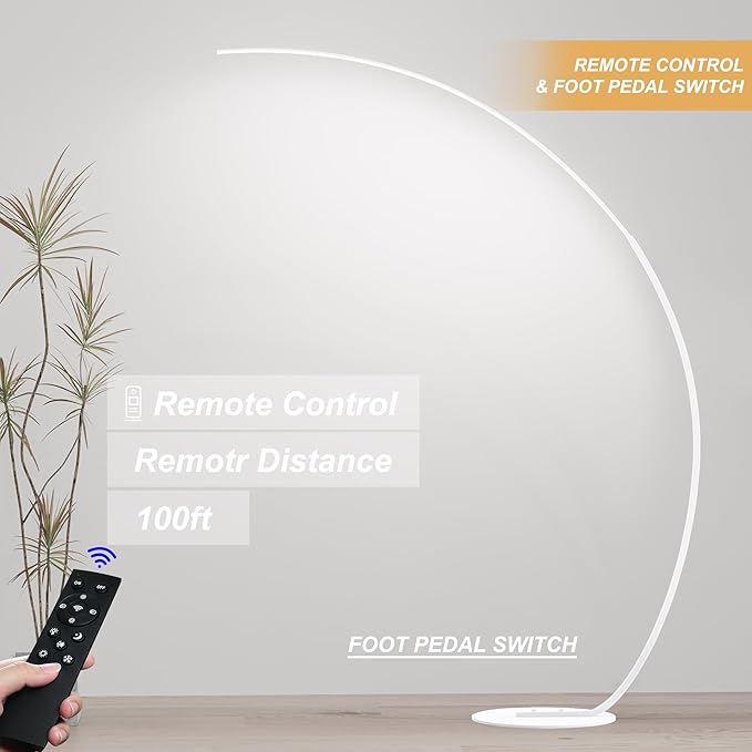 Adjustable White Light Modern 69.99 inch Arched Standing Reading Floor Lamp with Remote - Dimmable White Led Curved Light for Bedroom and Reading Room