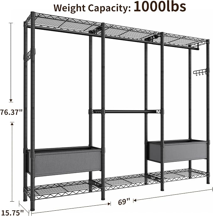 Golpart Clothes Rack Coat Rack Closet Organizers and Storage Laundry Room Organization Heavy Duty Portable Clothing Racks for Hanging Clothes Adjustable Freestanding with Shelves and Wheels Black