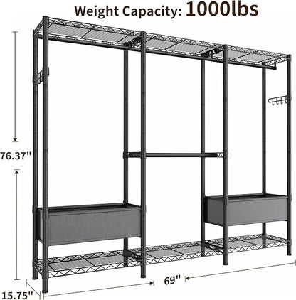 Golpart Clothes Rack Coat Rack Closet Organizers and Storage Laundry Room Organization Heavy Duty Portable Clothing Racks for Hanging Clothes Adjustable Freestanding with Shelves and Wheels Black