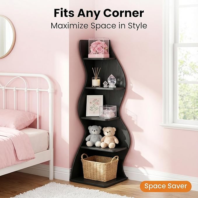 Arvolia 70 Inch Corner Shelf Stylish Design,Modern 5-Tier Wall Corner Bookshelf,Stylish Corner Small Bookcase Storage Rack Plant Stand with Unique Shape for Home Office (Black)