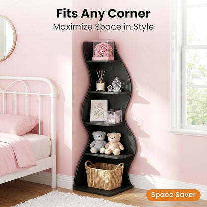 Arvolia 70 Inch Corner Shelf Stylish Design,Modern 5-Tier Wall Corner Bookshelf,Stylish Corner Small Bookcase Storage Rack Plant Stand with Unique Shape for Home Office (Black)