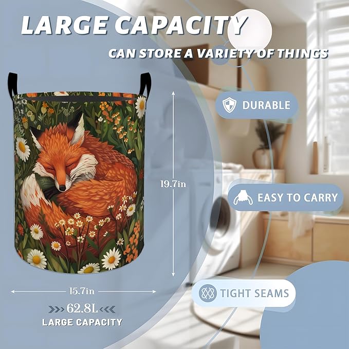 Sleeping Red Fox in Wildflowers Laundry Basket with Handles, 19.7"x15.7" Clothes Foldable Laundry Hamper Organizer for Dorm Nursery Bedroom Bathroom Decor, Toy Storage Bin for Kids