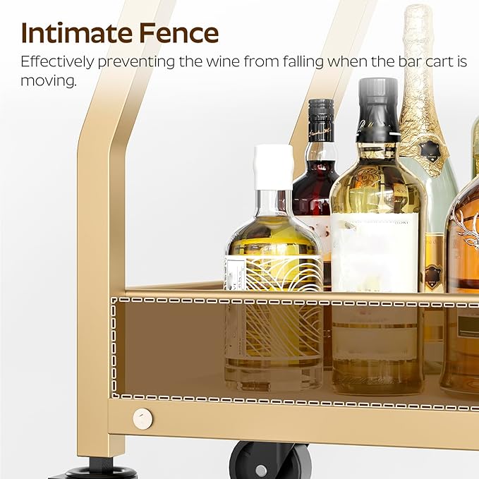 Bar Cart, Gold Bar Cart for The Home, Small Bar Cart on Wheels, Beverage Cart, Home Bar Serving Cart with Glass Holder, Drink Cart for Bar, Kitchen, Marble White and Gold BC03DW