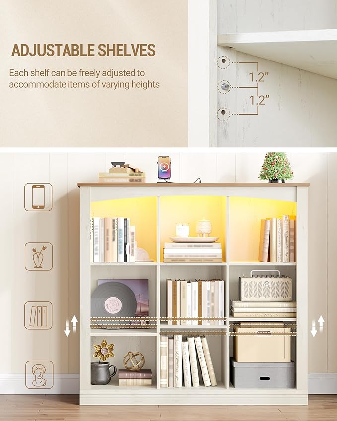 Cube Bookshelf, 9 Cube Storage Organizer, 3 Tier Wood Cubby Bookshelf with Led Lights and Charging, Low Bookcase for Bedroom, Office, Living Room, White BC33314X