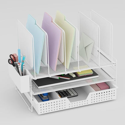 Desk Organizer, Office Organization with Vertical File Holder, File Organizer with Drawer and Pen Holder, Desk Accessories and Workspace Organizers for Home Office (White)
