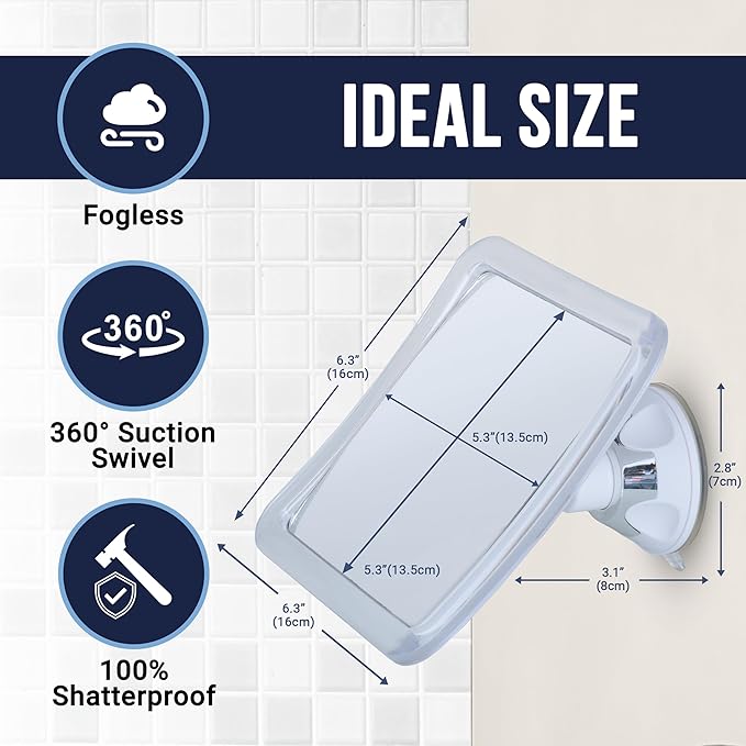 MIRRORVANA Fogless Shower Mirror for Shaving with Upgraded Suction, Anti Fog Shatterproof Surface and 360° Swivel - 6.3" x 6.3"