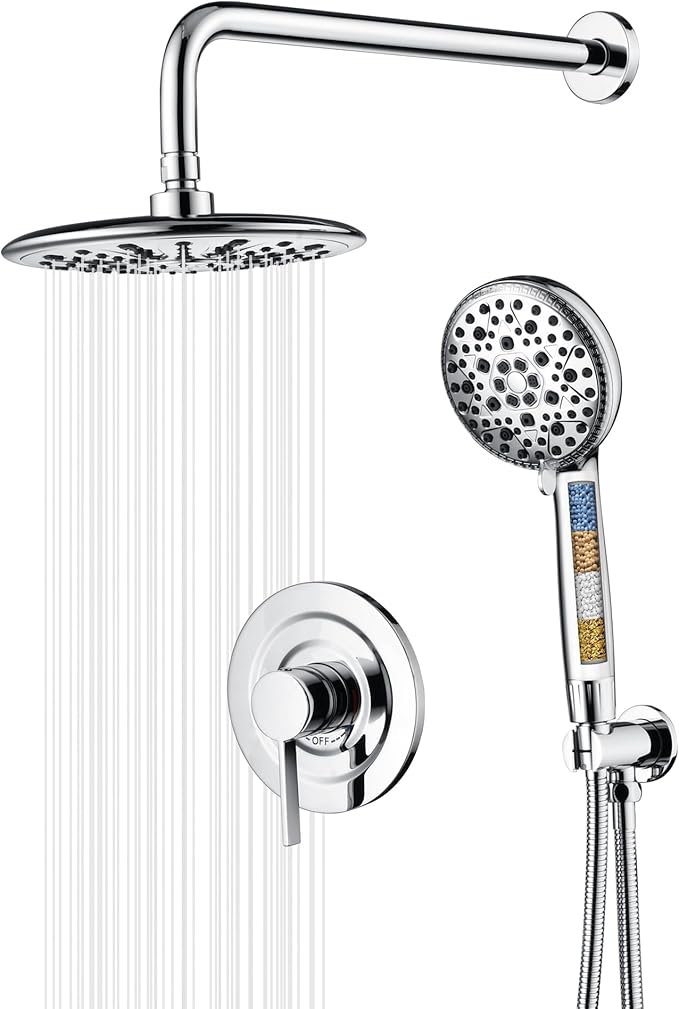 sumerain Shower System with Filtered Handheld Shower for Hard Water, High Pressure 9" Multiple Spray Modes Rainfall Shower Head, Chrome Finish