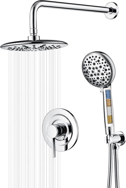 sumerain Shower System with Filtered Handheld Shower for Hard Water, High Pressure 9" Multiple Spray Modes Rainfall Shower Head, Chrome Finish